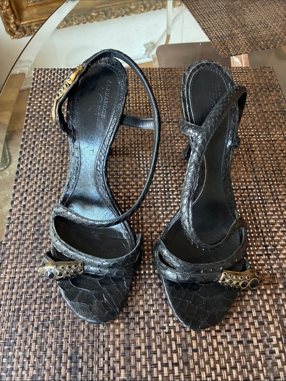 Alexander McQueen Black Snakeskin Stiletto Sandals with Gold snake Accent 37.5